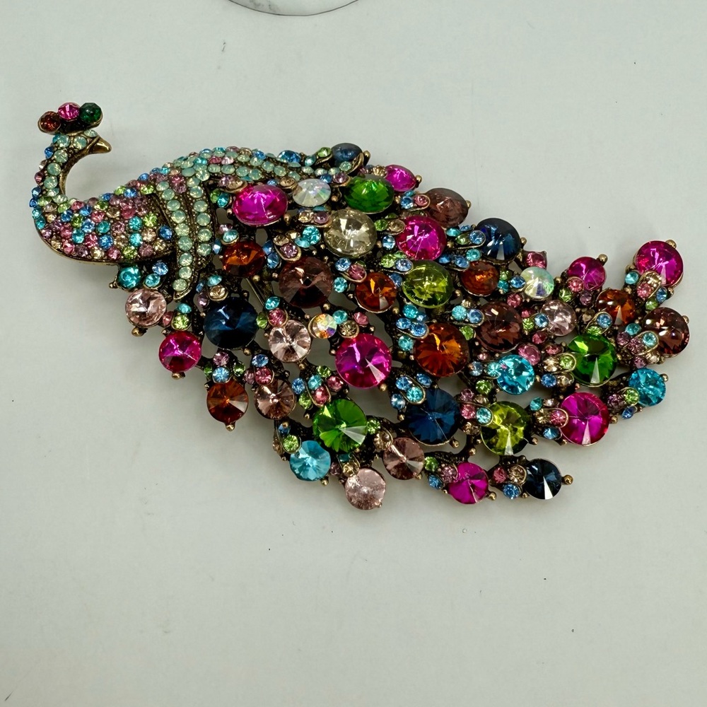 Kirk’s Folly Large Multicolor Rhinestone Peacock Brooch Pin/Pendant 5” Statement - Picture 4 of 17